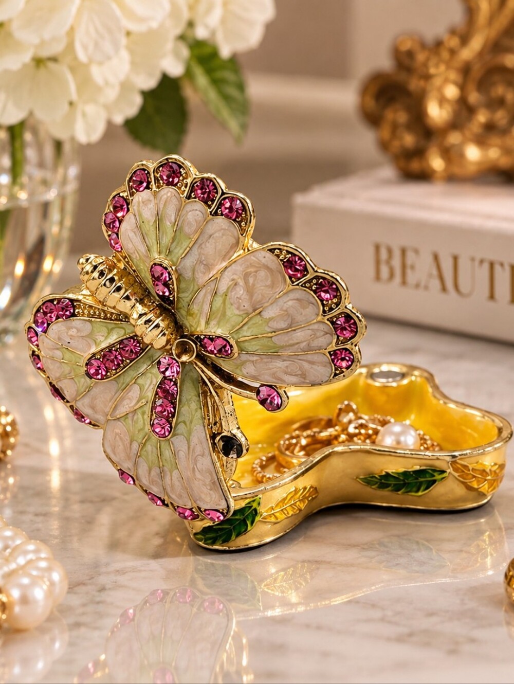 Vintage Enamel Butterfly Trinket Box Bejeweled Rhinestone Hinged Keepsake